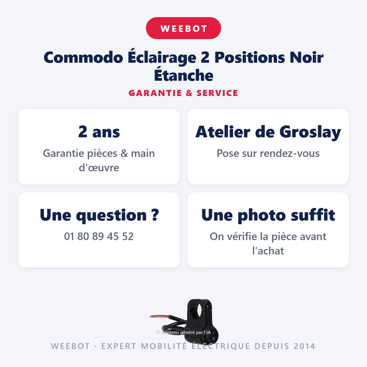 Commodo Éclairage 2 Positions Noir Étanche : garantie 2 ans et service après-vente