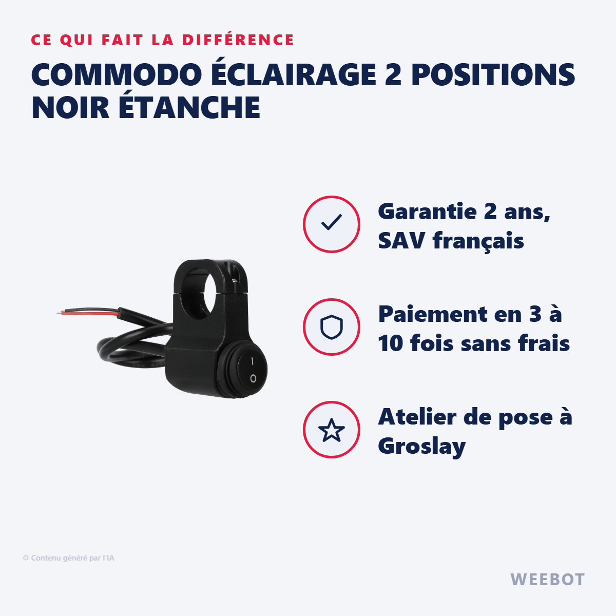 Commodo Éclairage 2 Positions Noir Étanche : les points forts