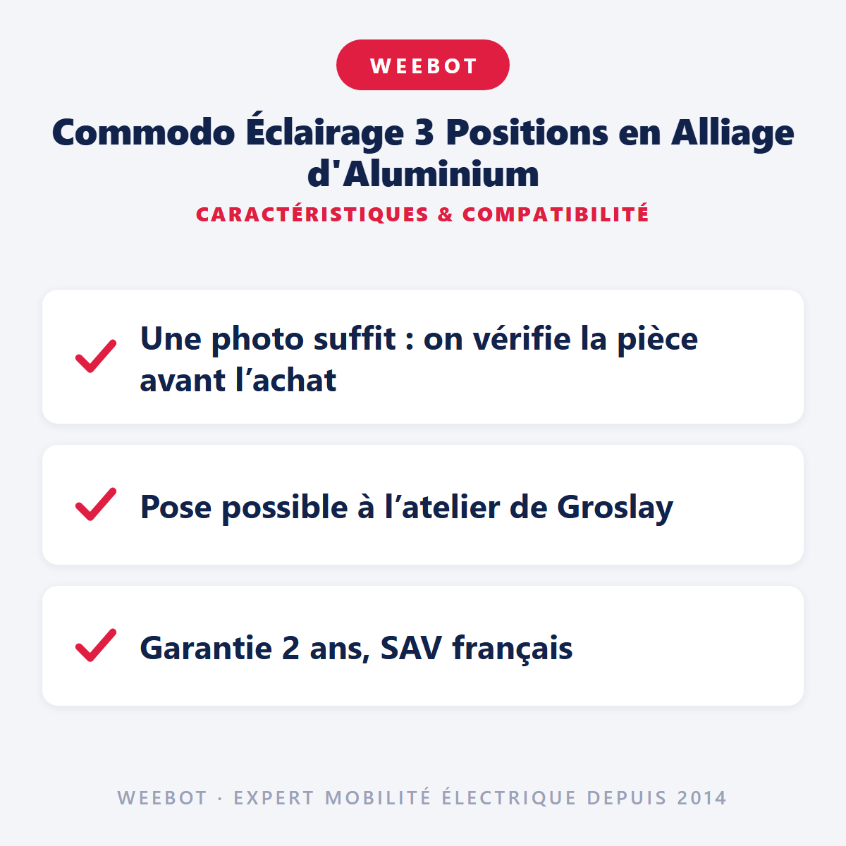 Commodo Éclairage 3 Positions en Alliage d'Aluminium : caractéristiques et compatibilité