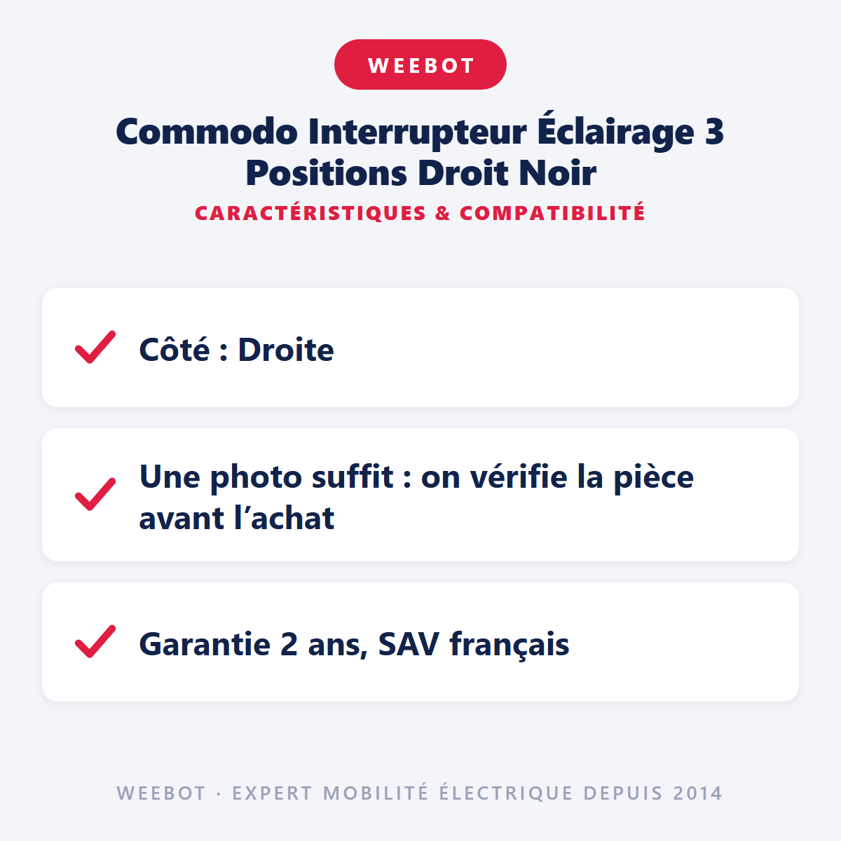 Commodo Interrupteur Éclairage 3 Positions Droit Noir : caractéristiques et compatibilité