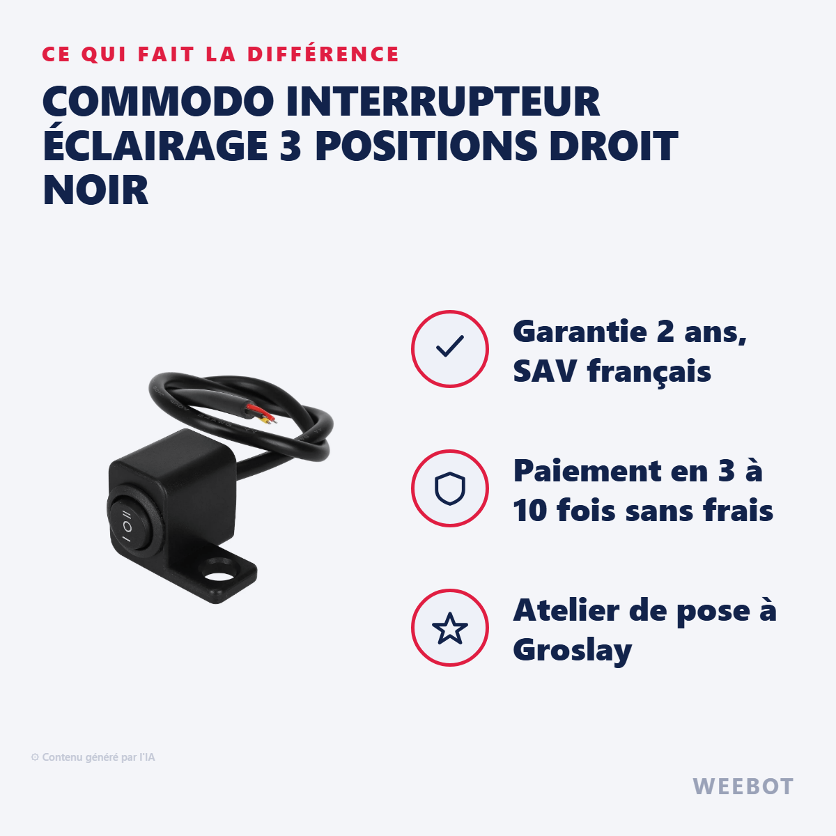Commodo Interrupteur Éclairage 3 Positions Droit Noir : les points forts