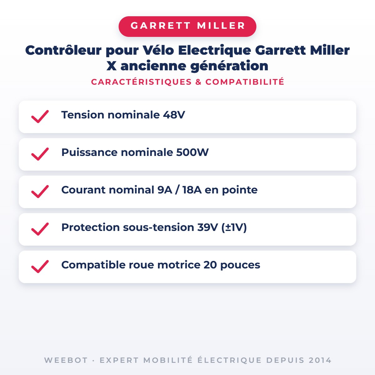 Contrôleur pour Vélo Electrique Garrett Miller X ancienne génération — caractéristiques et compatibilité