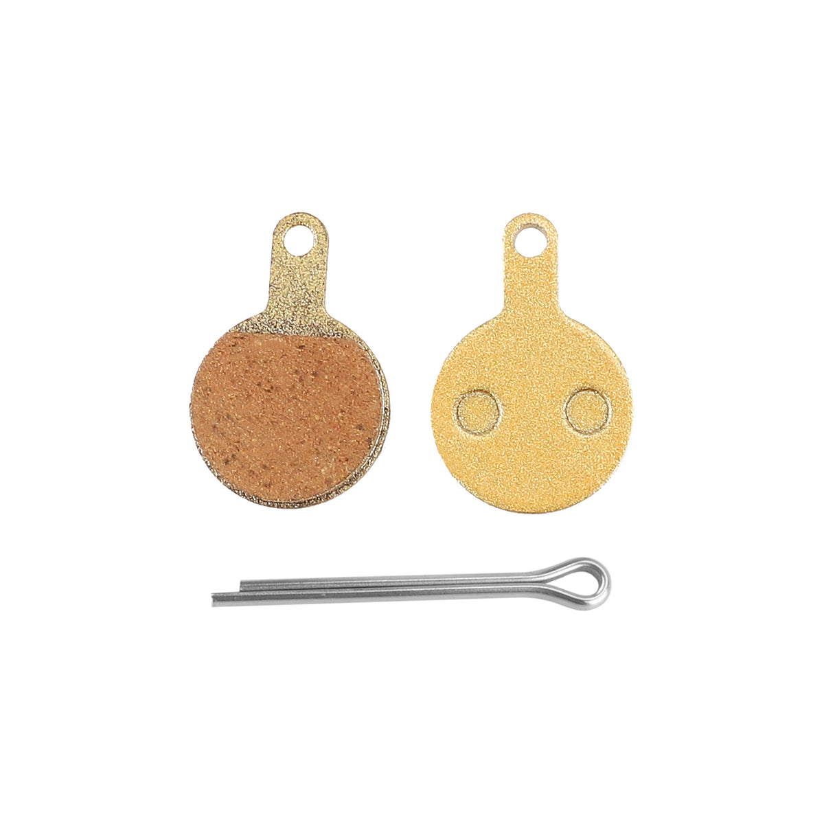 Paire de plaquettes de frein métalliques rondes de couleur dorée avec goupille de fixation