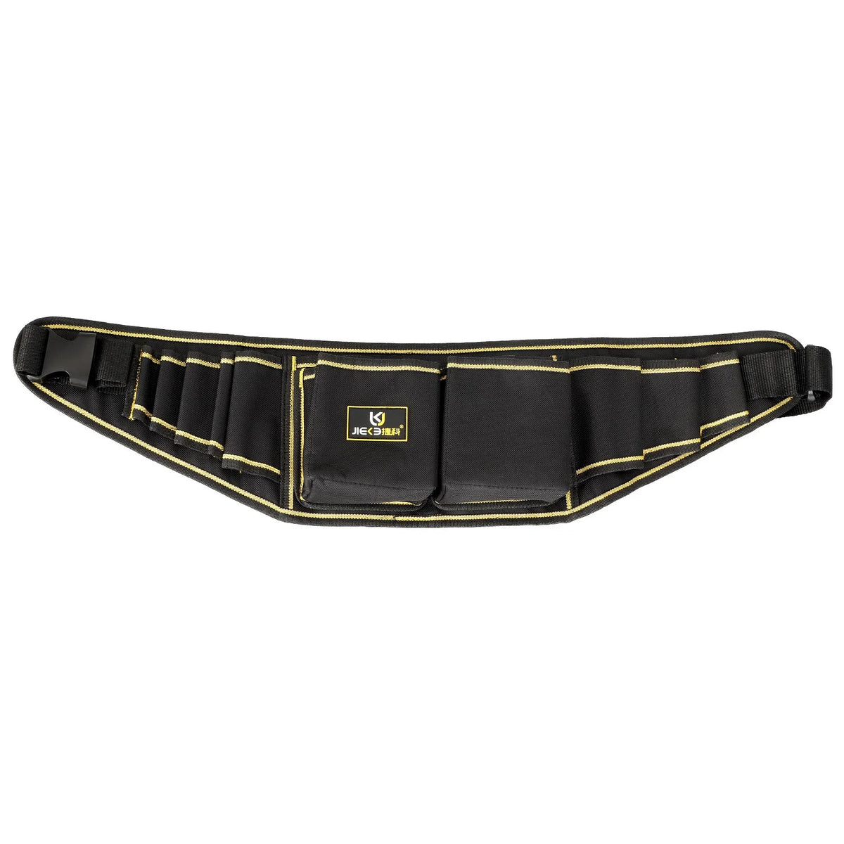 Sacoche ceinture d'outillage multifonction en tissu noir avec surpiqûres jaunes vue de face