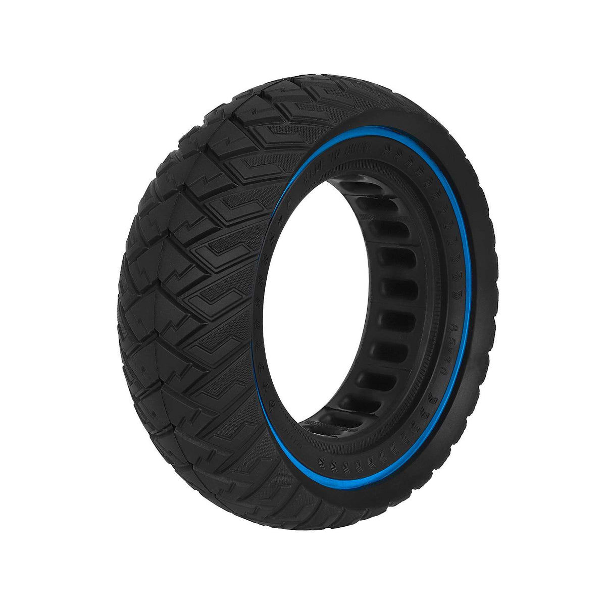 Pneu plein tout-terrain 8,5 pouces noir et bleu pour trottinette électrique vu en trois quarts