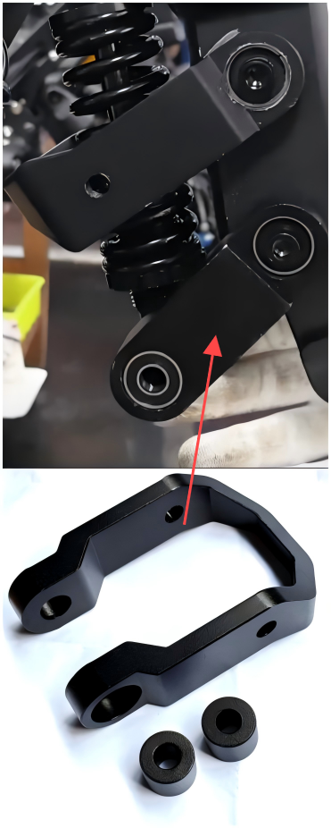 Biellette de suspension inférieure en U noire avec deux douilles pour trottinette Dualtron Popular.
