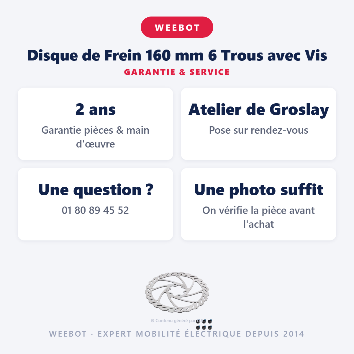 Disque de Frein 160 mm 6 Trous avec Vis : garantie 2 ans et service après-vente