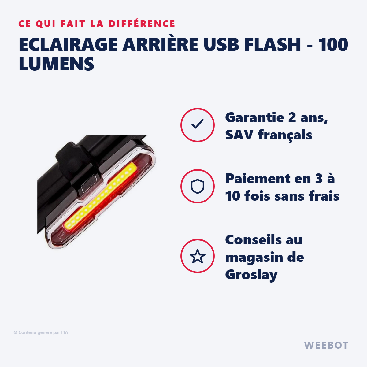 Eclairage Arrière USB Flash - 100 Lumens : les points forts