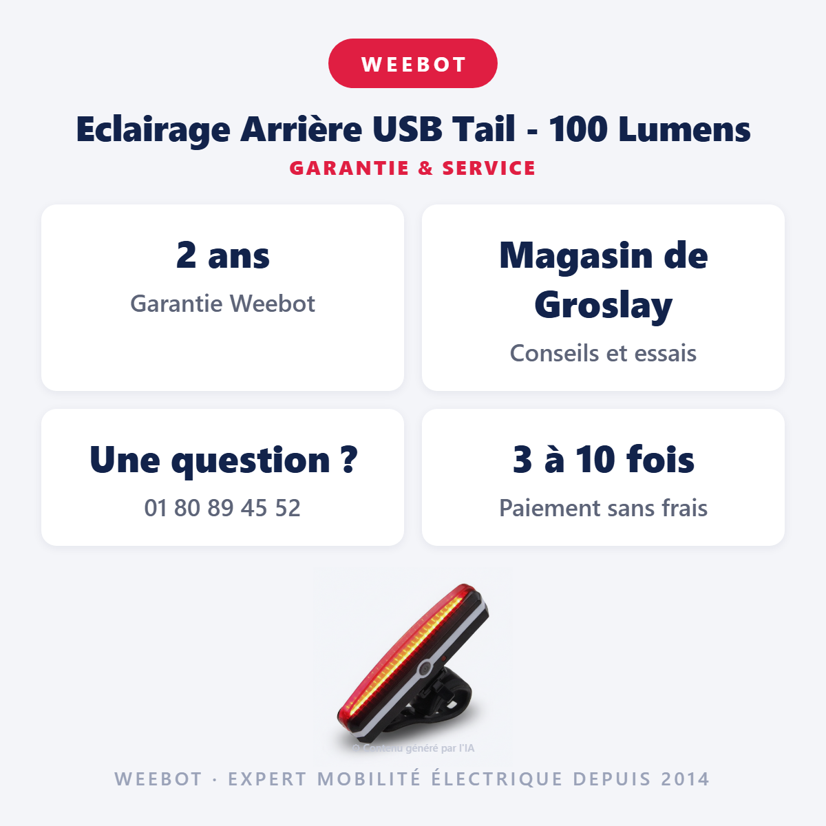 Eclairage Arrière USB Tail - 100 Lumens : garantie 2 ans et service après-vente