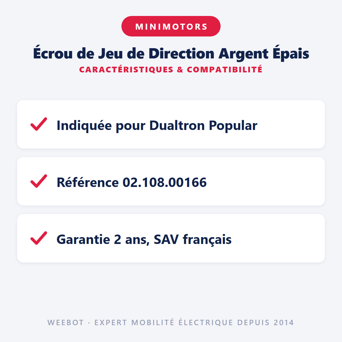 Écrou de Jeu de Direction Argent Épais : caractéristiques et compatibilité
