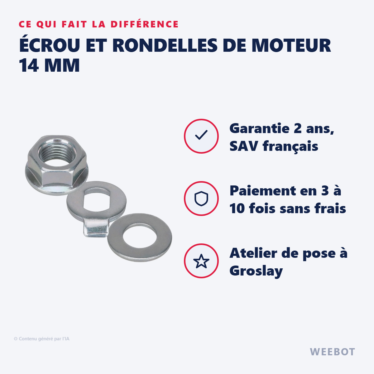 Écrou et Rondelles de Moteur 14 mm : les points forts
