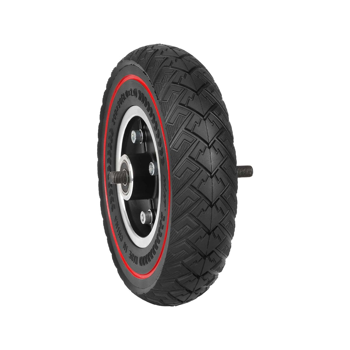 Roue arrière pleine de trottinette électrique 8 pouces avec pneu tout-terrain noir et liseré rouge, jante avec frein à tambour et axe