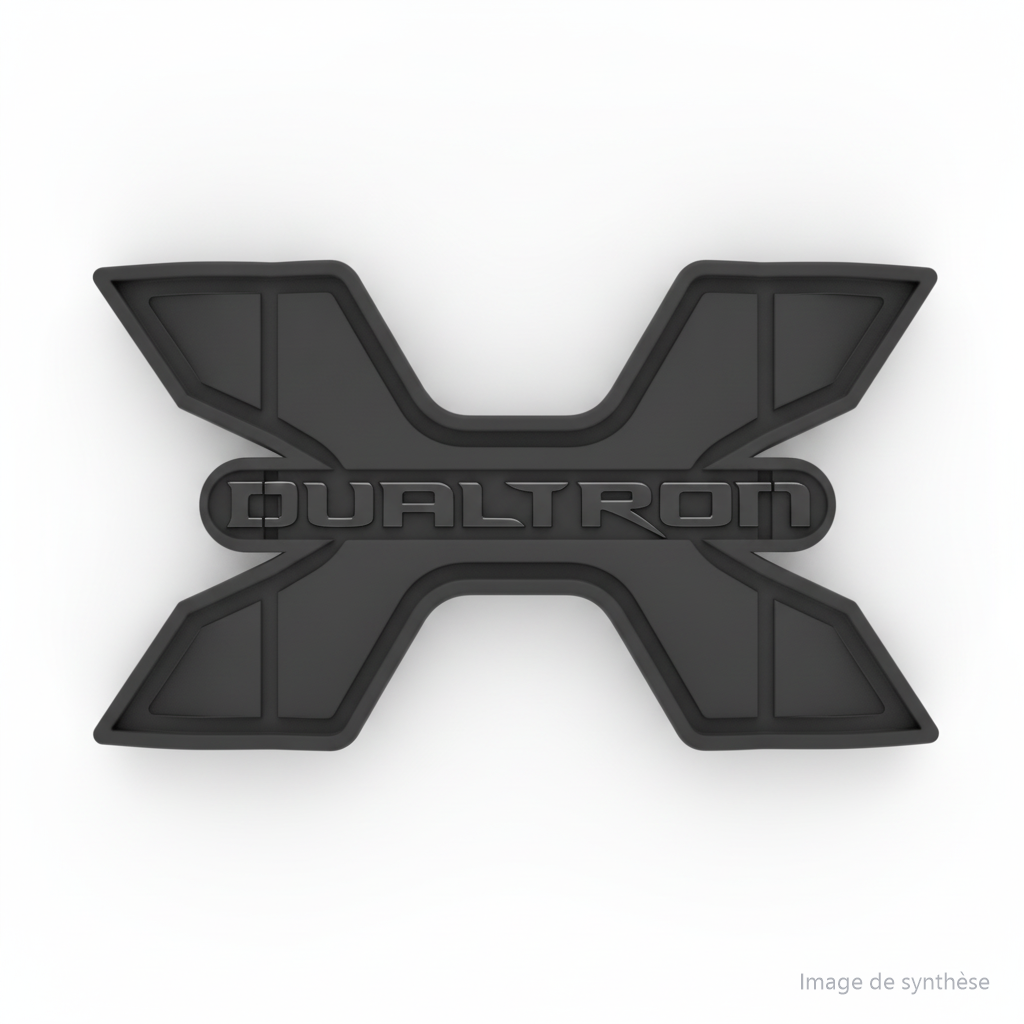 Schéma de l'emblème en forme de X gravé du logo Dualtron