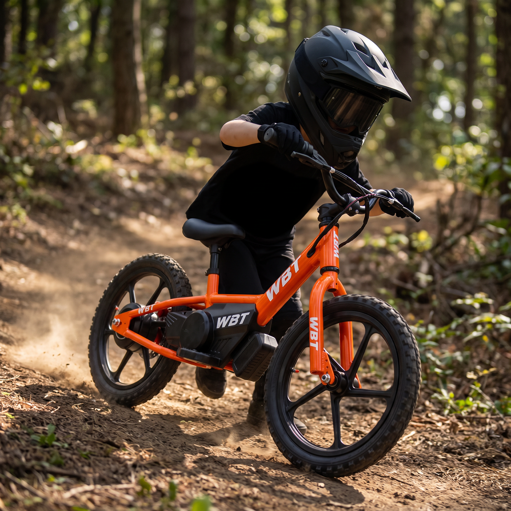 enfant en descente sur draisienne électrique tout terrain WBT Enduro
