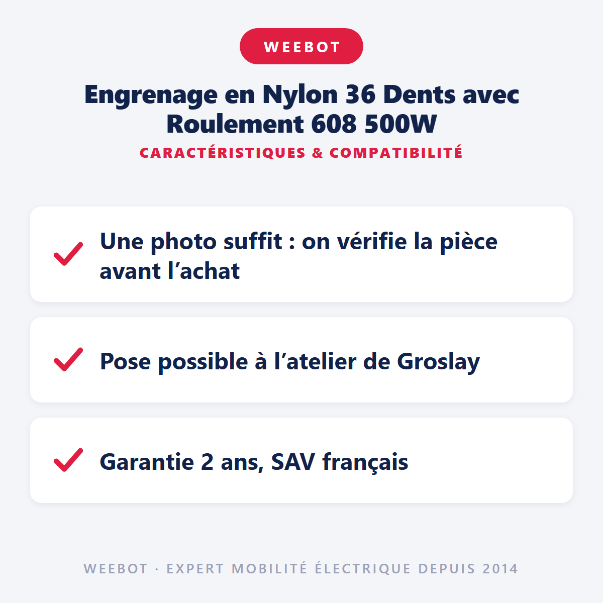 Engrenage en Nylon 36 Dents avec Roulement 608 500W : caractéristiques et compatibilité