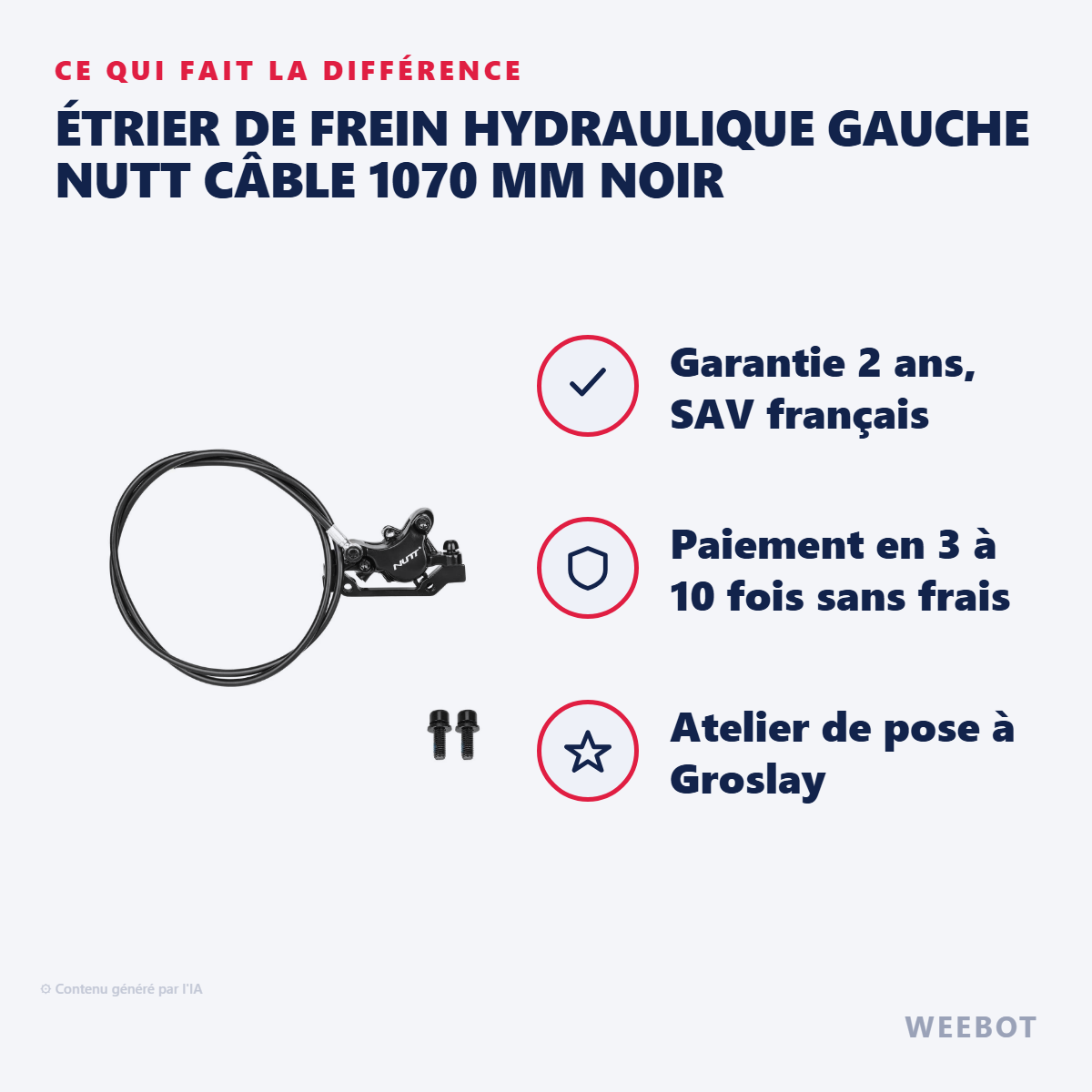 Étrier de Frein Hydraulique Gauche NUTT Câble 1070 mm Noir : les points forts