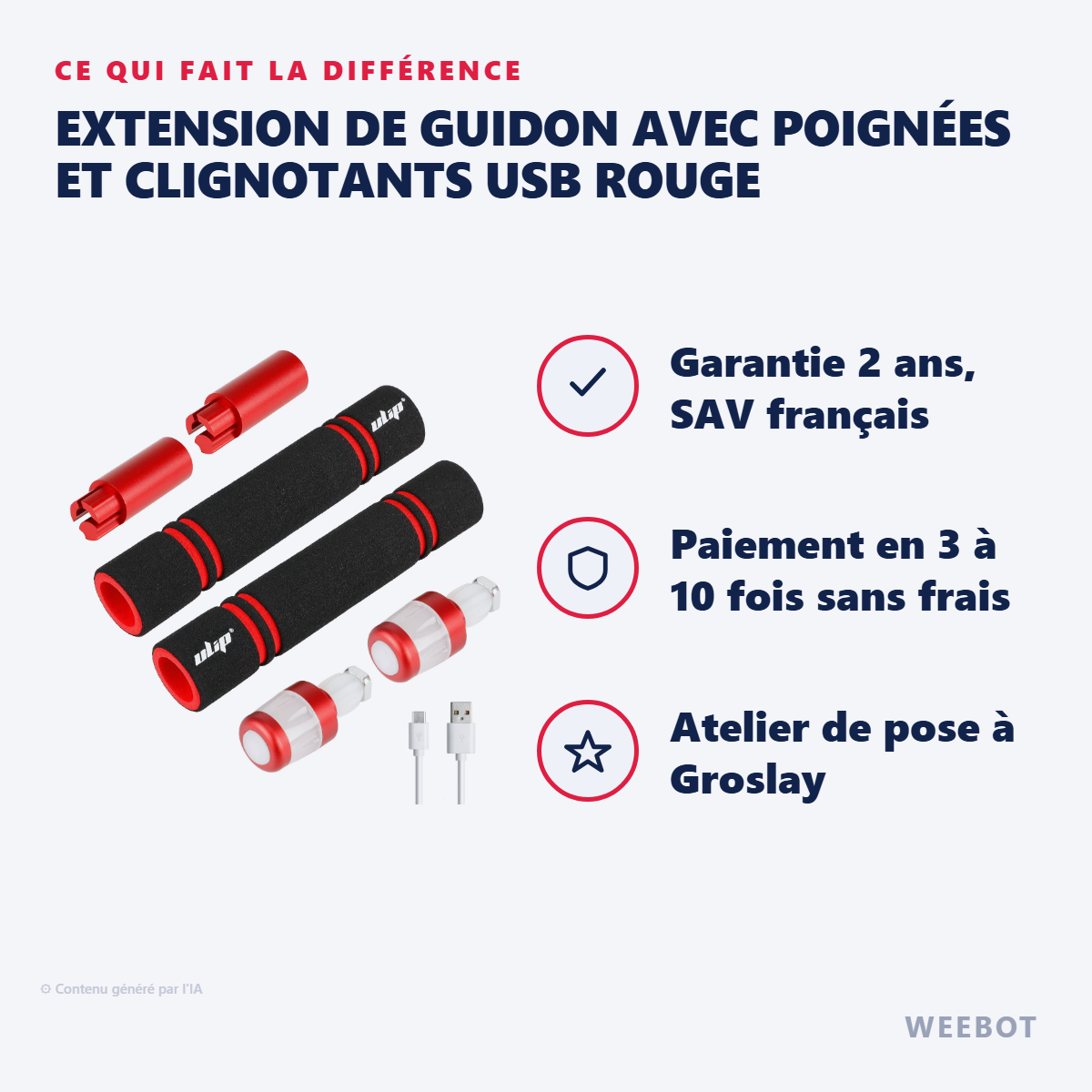 Extension de Guidon avec Poignées et Clignotants USB Rouge : les points forts