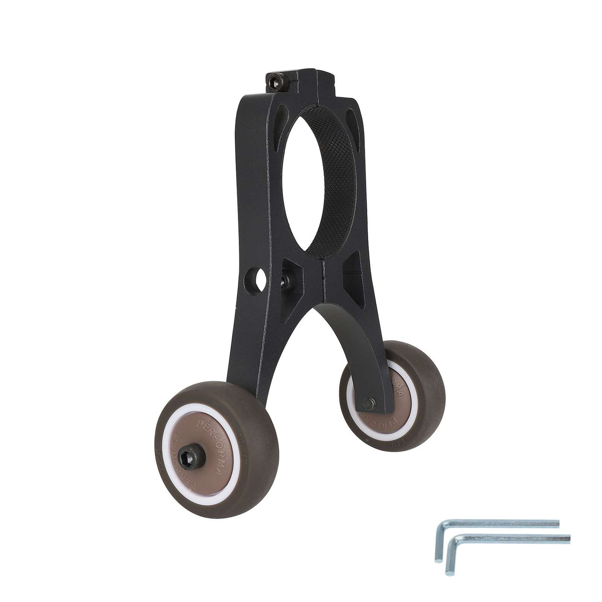 Support avec petites roulettes auxiliaires noires pour trottinette électrique pliée