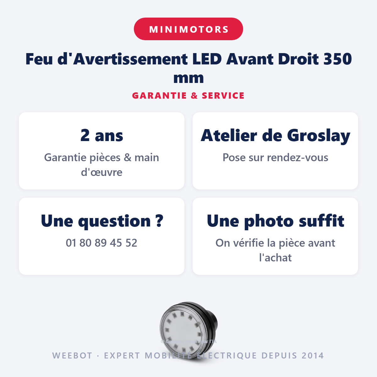 Feu d'Avertissement LED Avant Droit 350 mm : garantie 2 ans et service après-vente