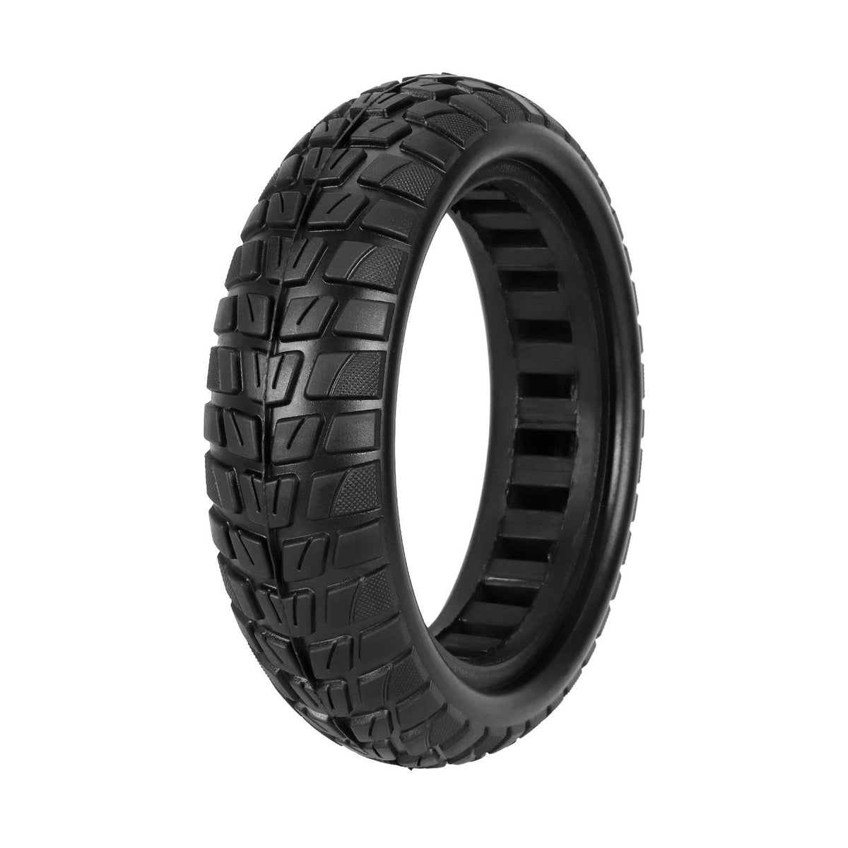 Pneu plein tout-terrain 8,5 pouces noir vu de trois-quarts avec structure alvéolée interne