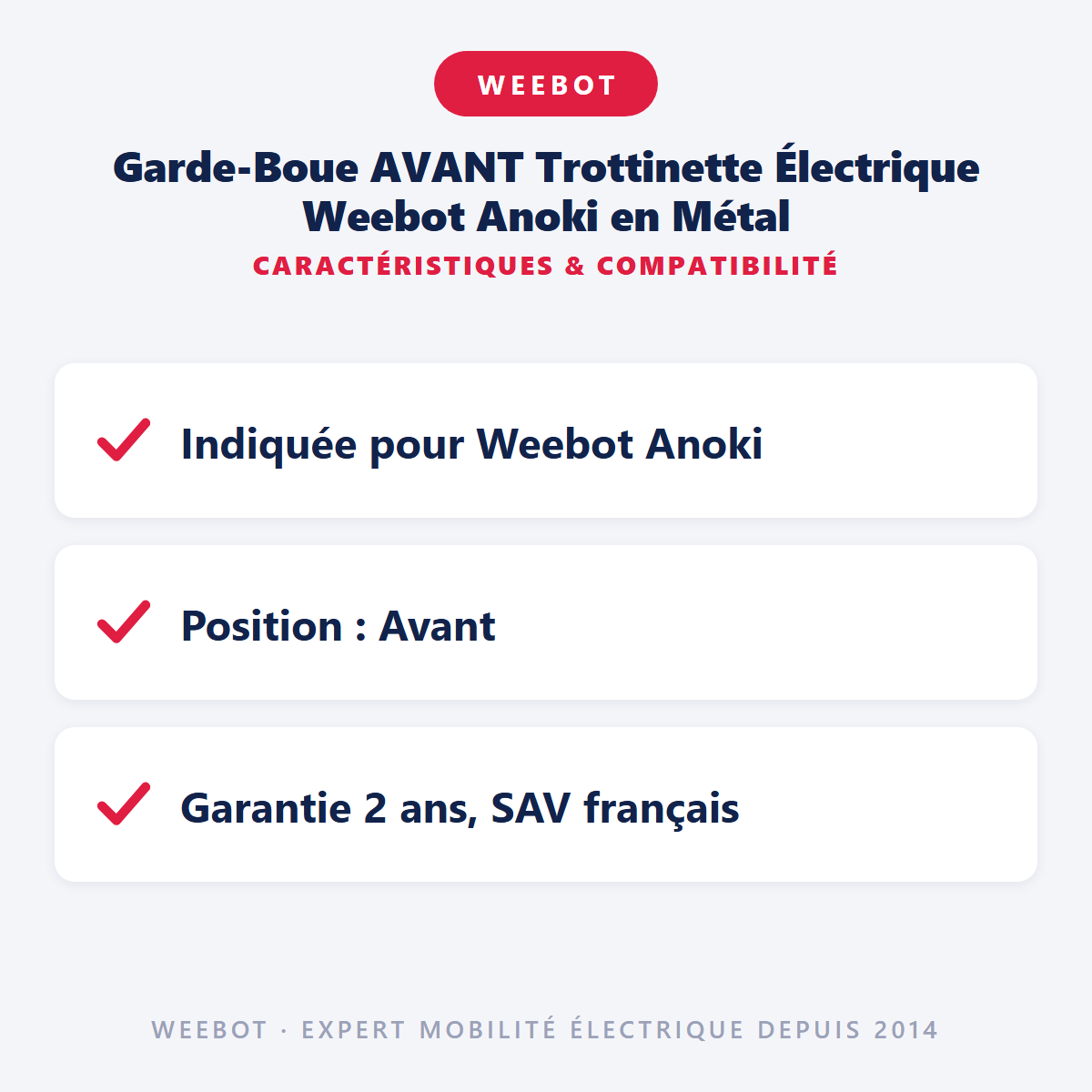 Garde-Boue AVANT Trottinette Électrique Weebot Anoki en Métal : caractéristiques et compatibilité