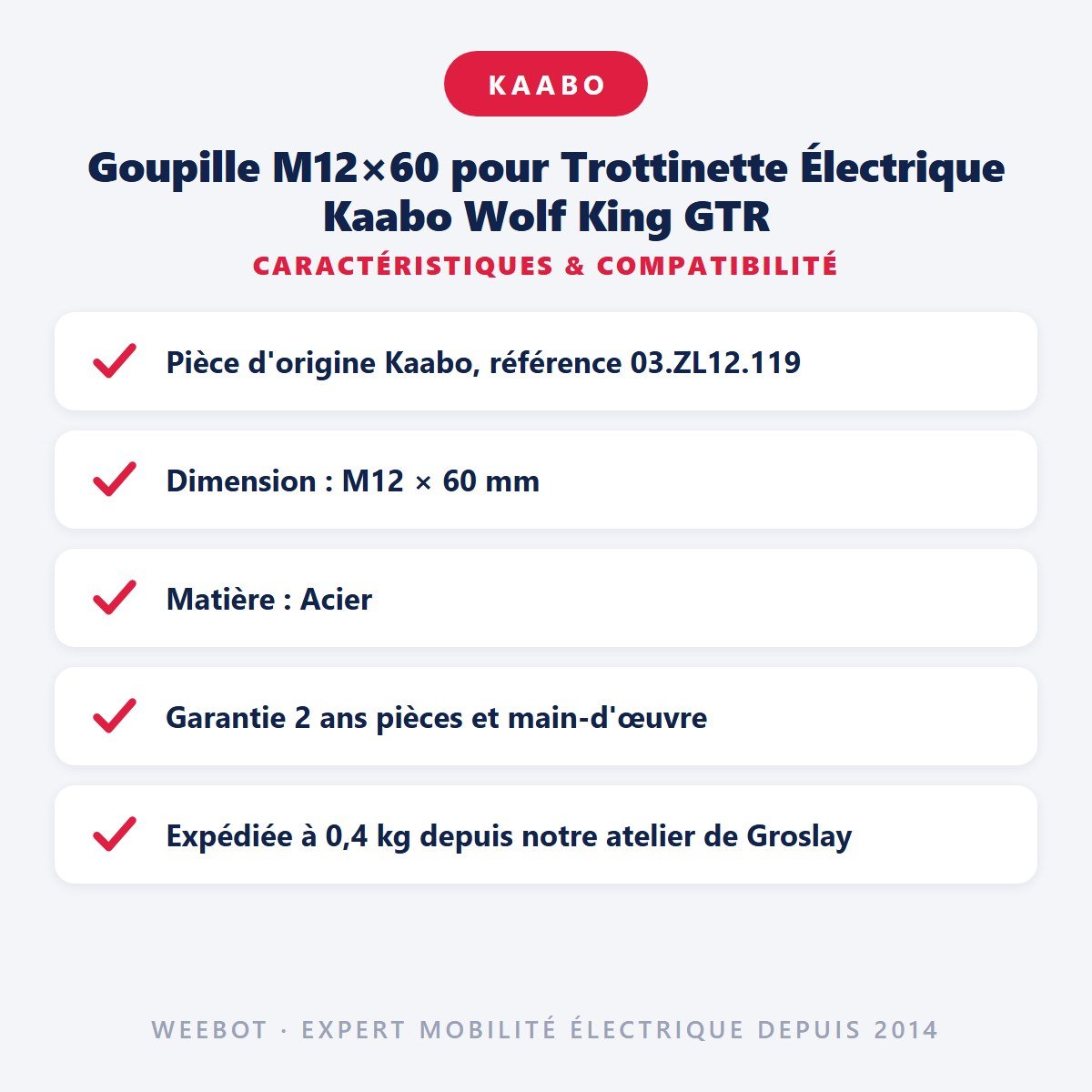 Goupille M12×60 pour Trottinette Électrique Kaabo Wolf King GTR - Weebot