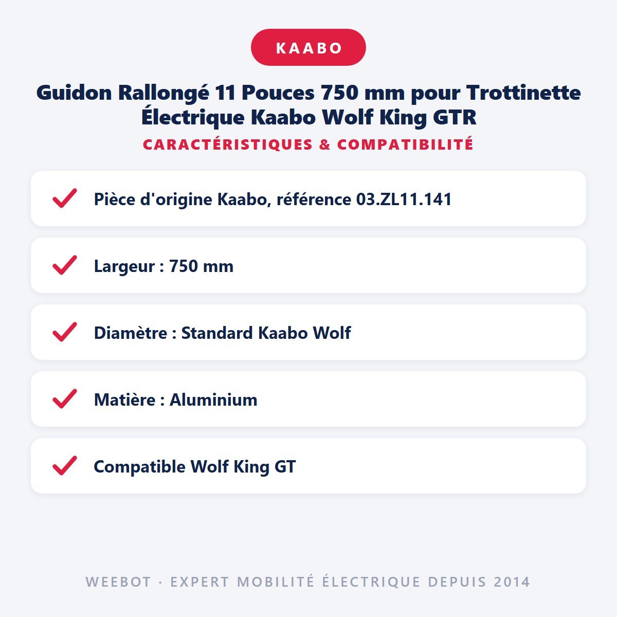 Guidon Rallongé 11 Pouces 750 mm pour Trottinette Électrique Kaabo Wolf King GTR - Weebot