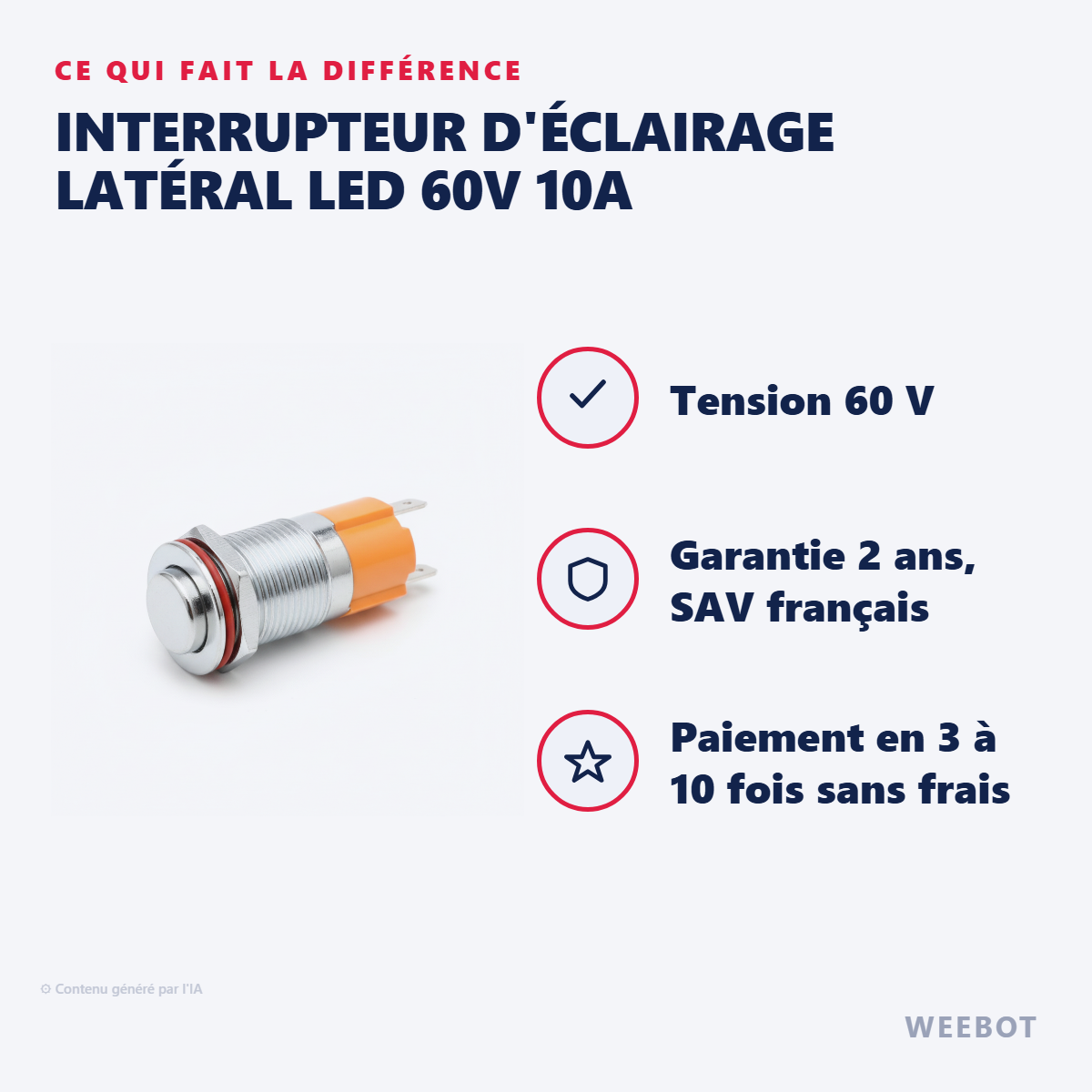 Interrupteur d'Éclairage Latéral LED 60V 10A : les points forts