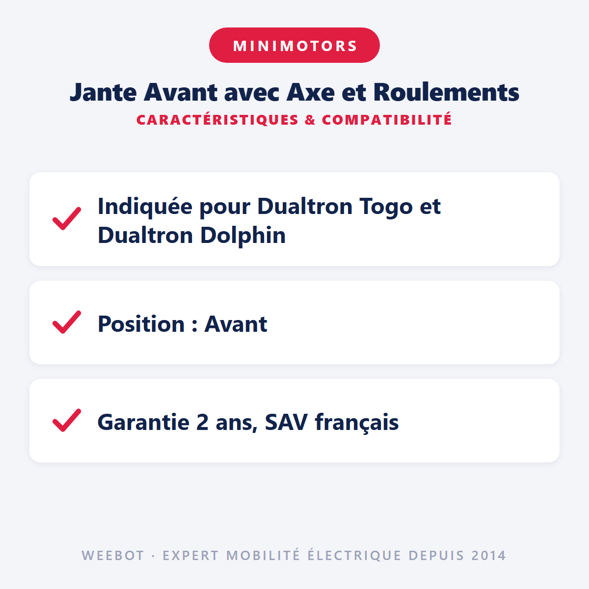Jante Avant avec Axe et Roulements : caractéristiques et compatibilité