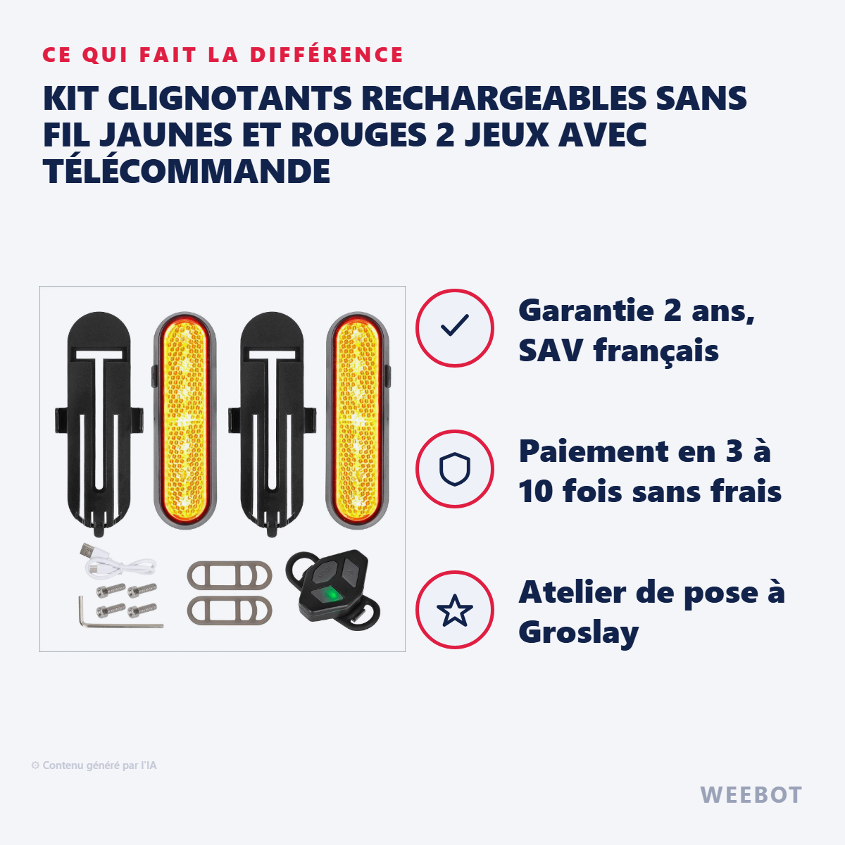 Kit Clignotants Rechargeables Sans Fil Jaunes et Rouges 2 Jeux avec Télécommande : les points forts