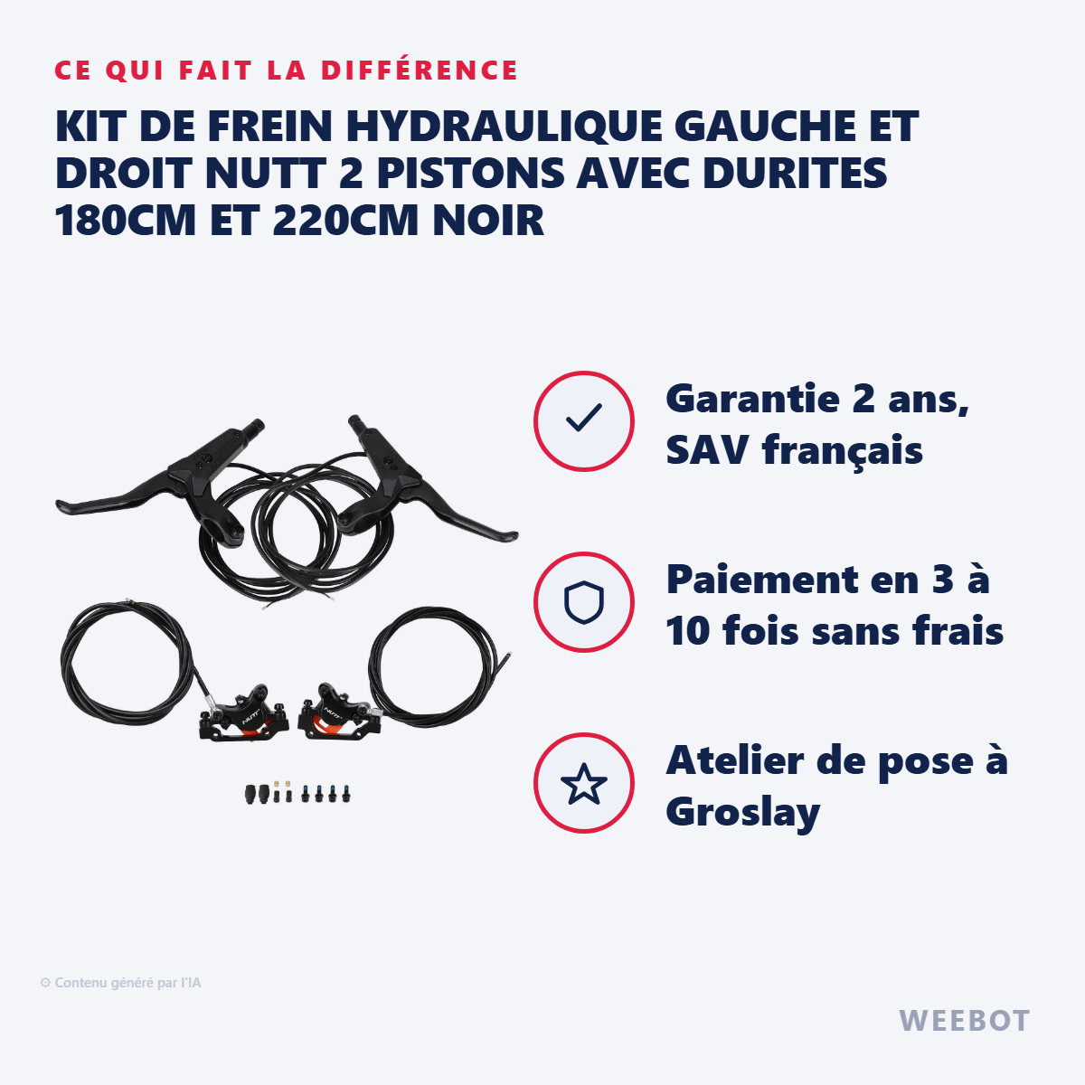Kit de Frein Hydraulique Gauche et Droit NUTT 2 Pistons avec Durites 180cm et 220cm Noir : les points forts
