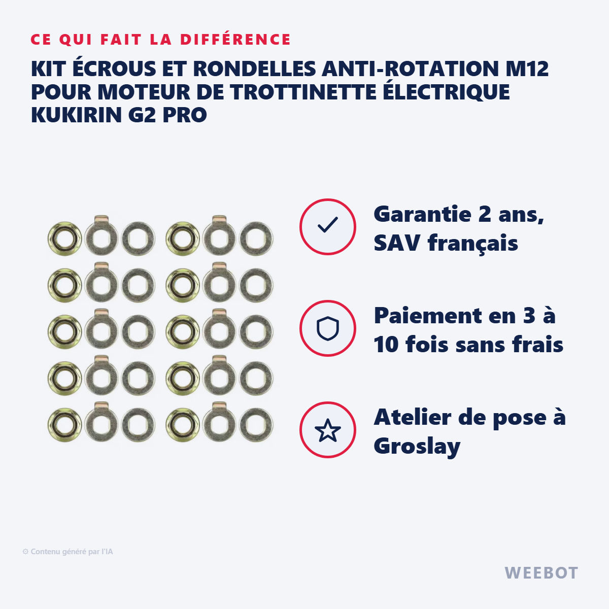 Kit Écrous et Rondelles Anti-Rotation M12 pour Moteur de Trottinette Électrique KuKirin G2 Pro : les points forts