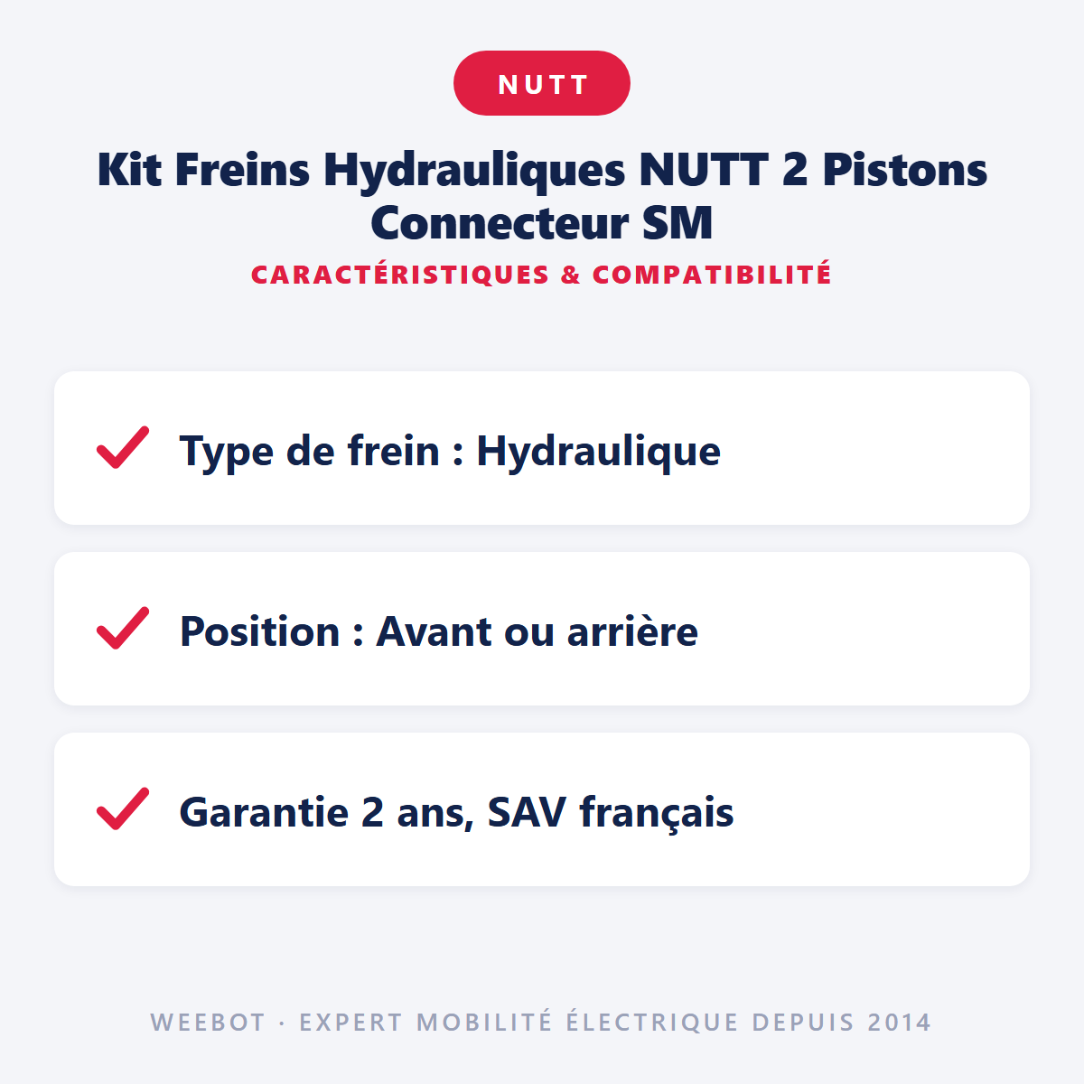 Kit Freins Hydrauliques NUTT 2 Pistons Connecteur SM : caractéristiques et compatibilité