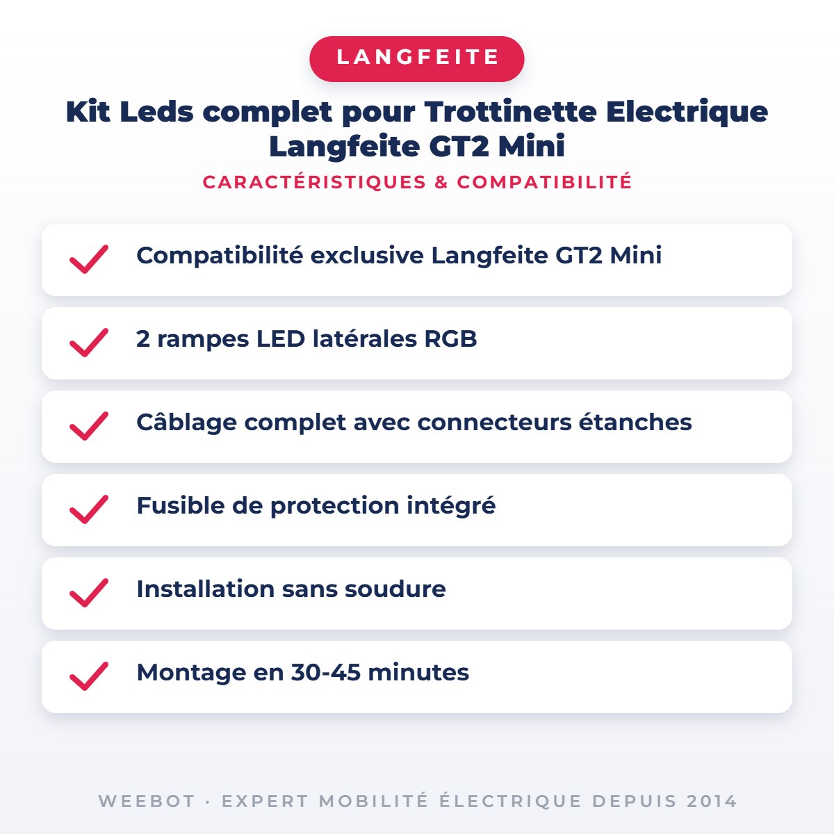 Kit Leds complet pour Trottinette Electrique Langfeite GT2 Mini — caractéristiques et compatibilité