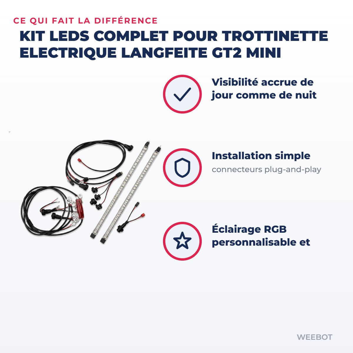 Kit Leds complet pour Trottinette Electrique Langfeite GT2 Mini — points forts : Visibilité accrue de jour comme de nuit