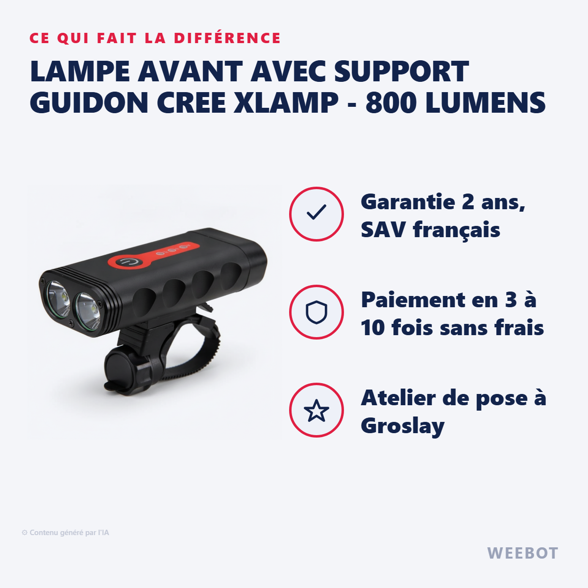 Lampe Avant avec Support Guidon Cree XLamp - 800 Lumens : les points forts