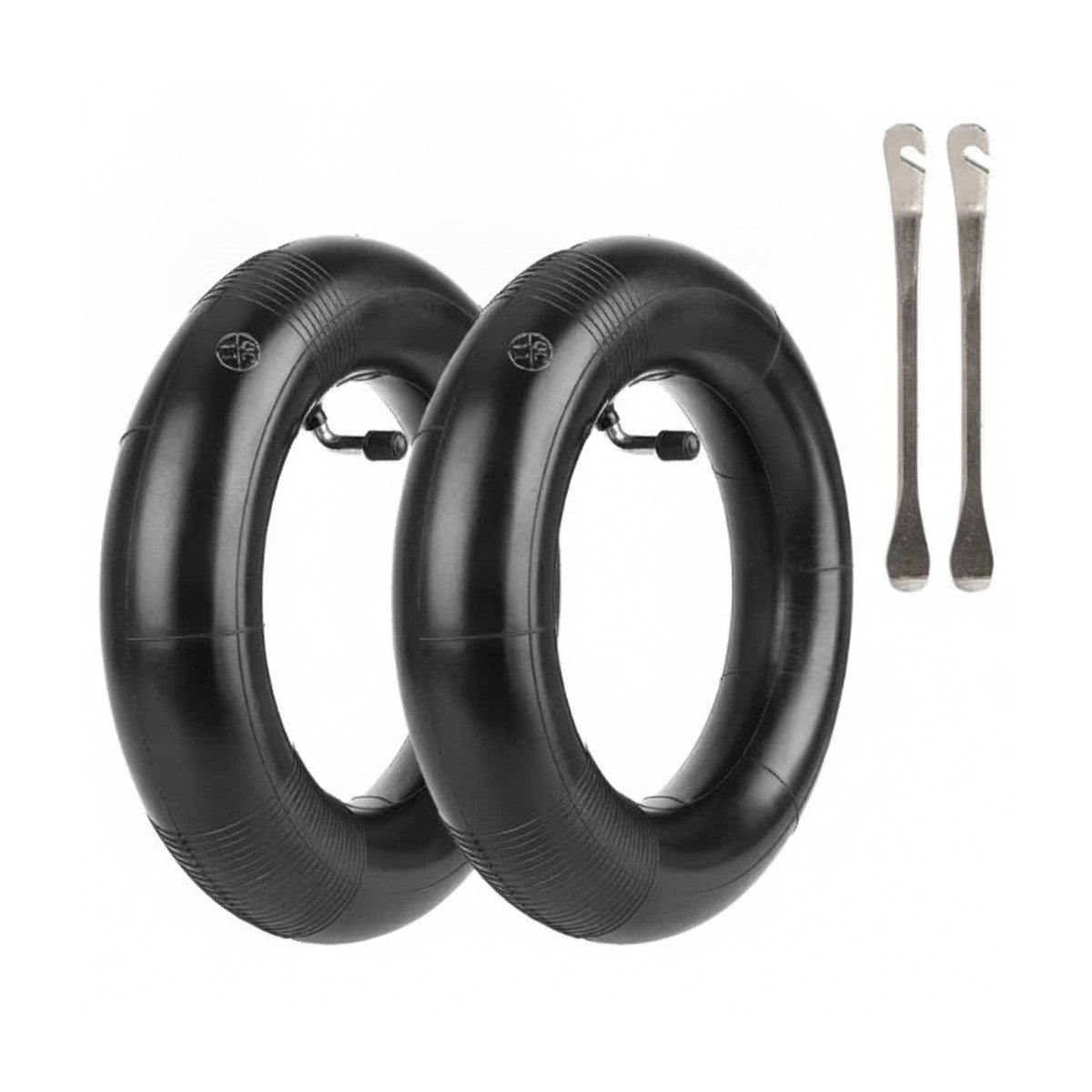 Deux chambres à air 10 pouces noires avec valves coudées et deux démonte-pneus en métal