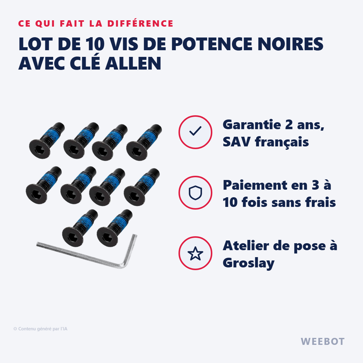 Lot de 10 Vis de Potence Noires avec Clé Allen : les points forts