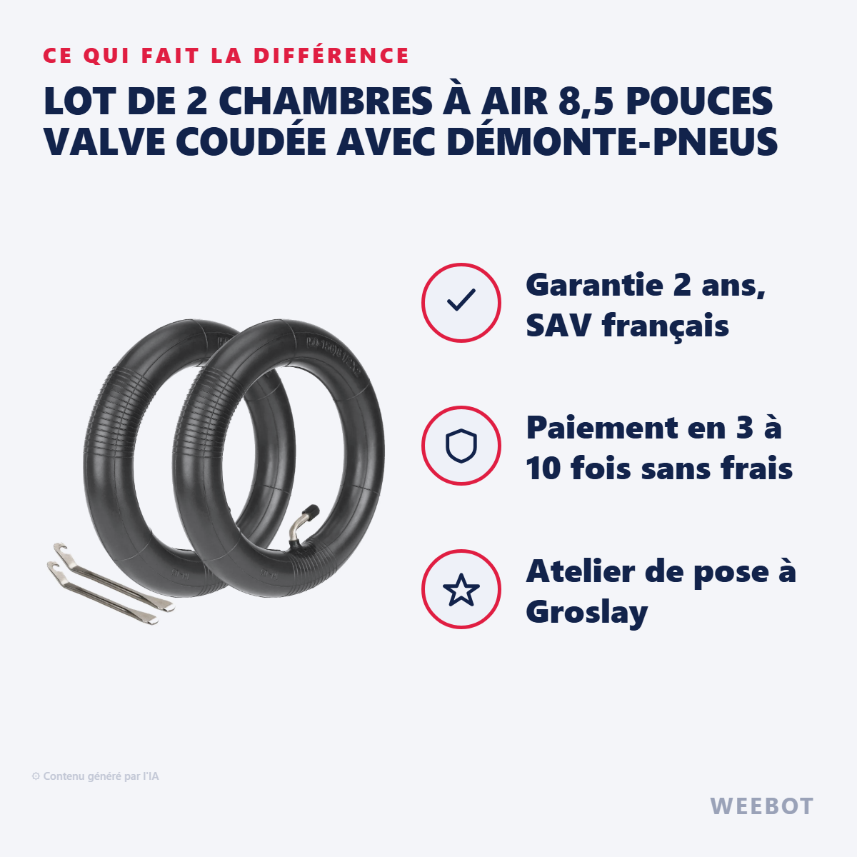 Lot de 2 Chambres à Air 8,5 Pouces Valve Coudée avec Démonte-Pneus : les points forts