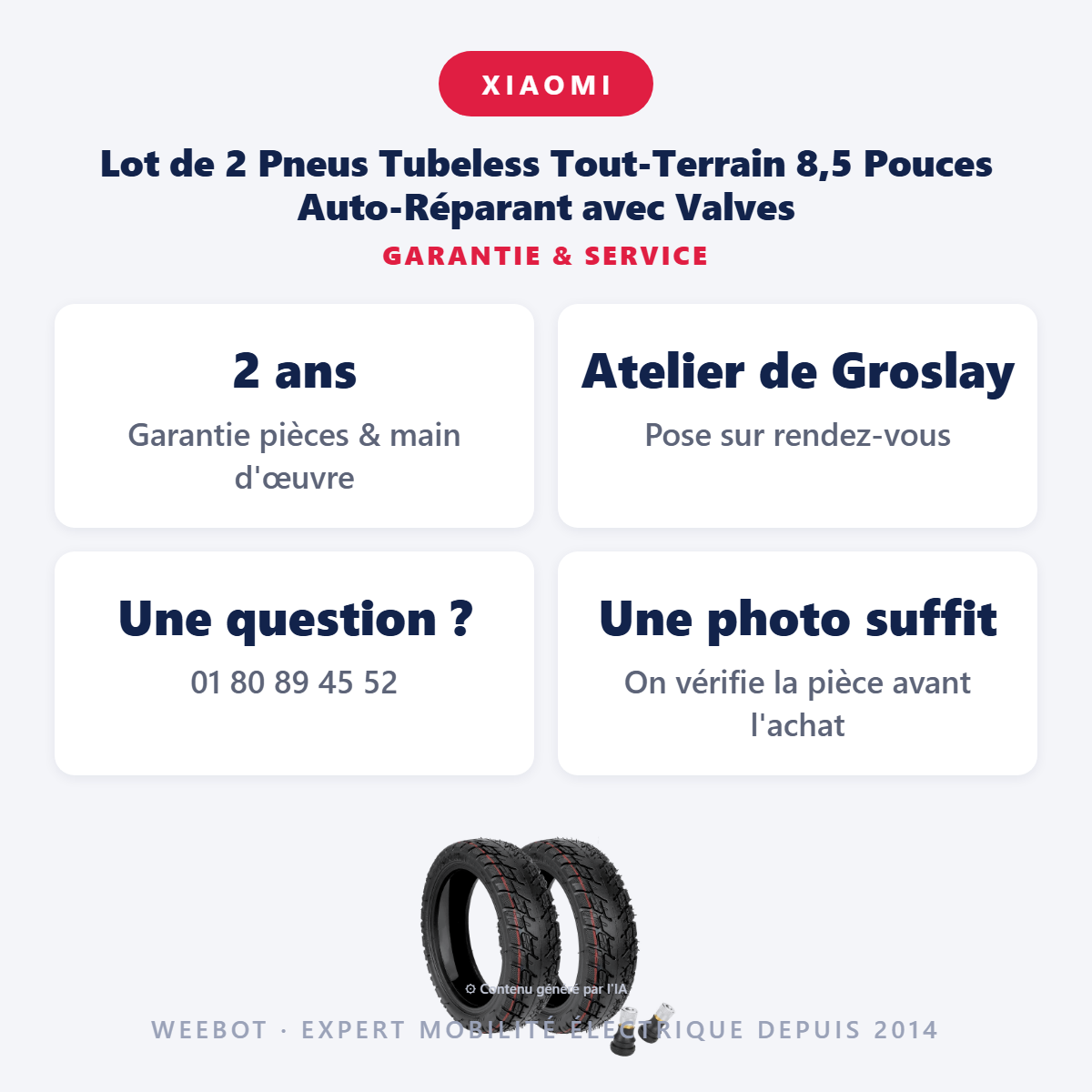 Lot de 2 Pneus Tubeless Tout-Terrain 8,5 Pouces Auto-Réparant avec Valves : garantie 2 ans et service après-vente