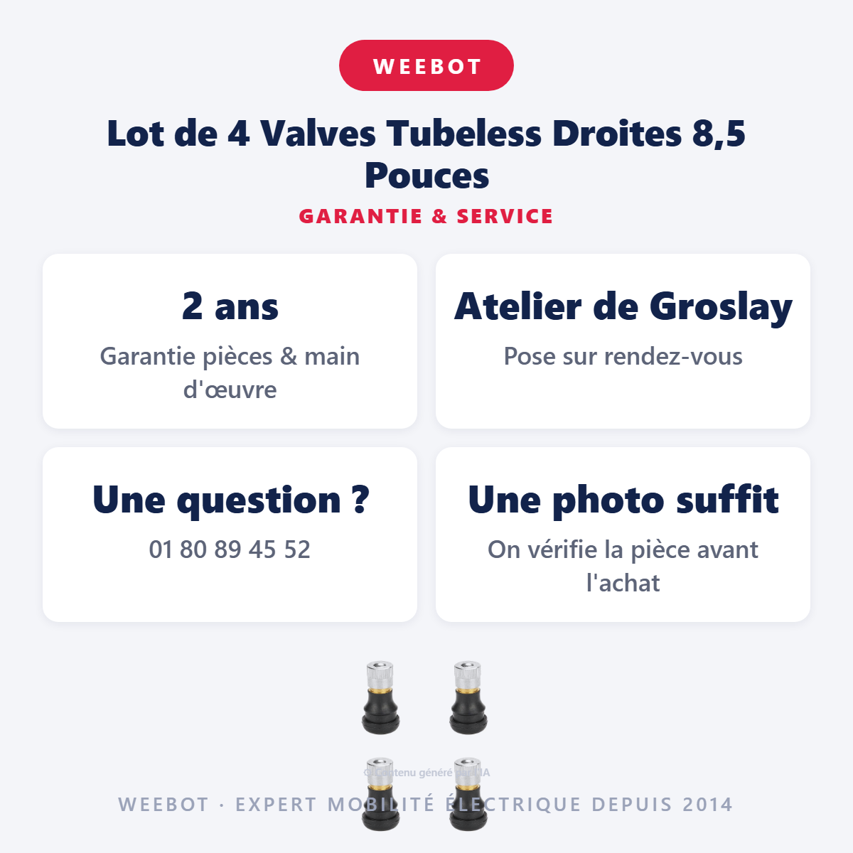Lot de 4 Valves Tubeless Droites 8,5 Pouces : garantie 2 ans et service après-vente