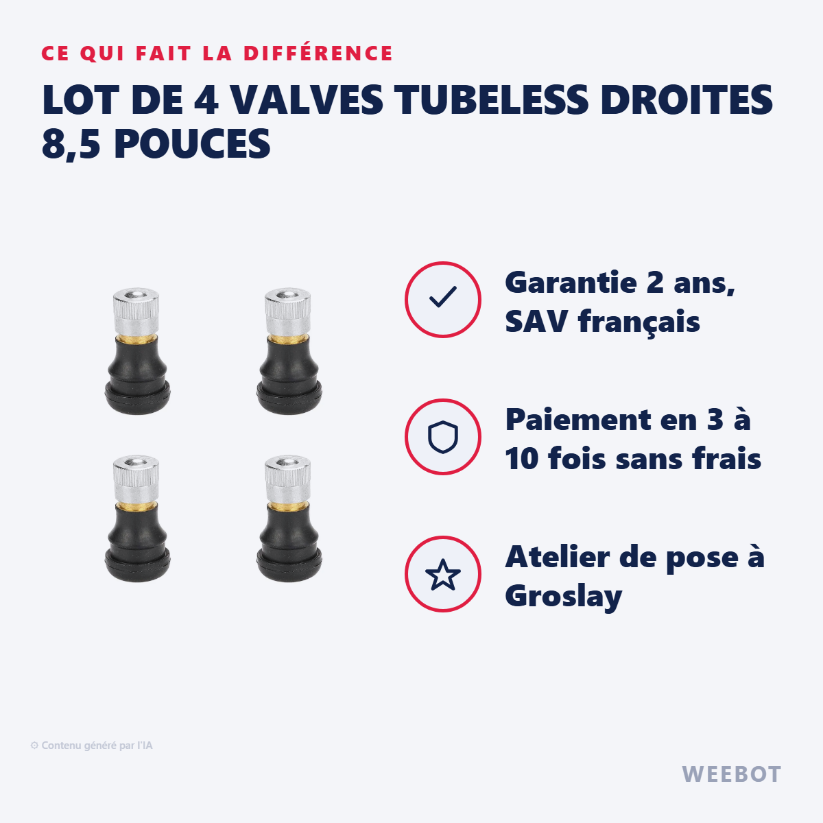 Lot de 4 Valves Tubeless Droites 8,5 Pouces : les points forts