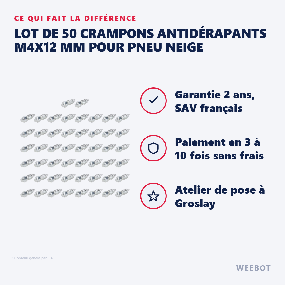 Lot de 50 Crampons Antidérapants M4x12 mm pour Pneu Neige : les points forts
