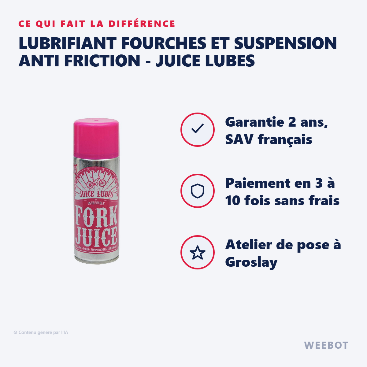 Lubrifiant Fourches et Suspension Anti Friction - Juice Lubes : les points forts