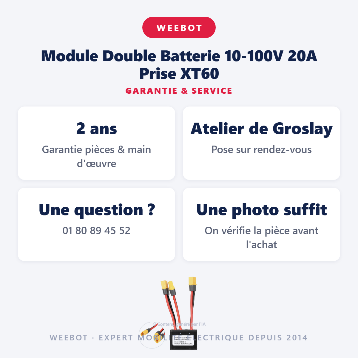 Module Double Batterie 10-100V 20A Prise XT60 : garantie 2 ans et service après-vente