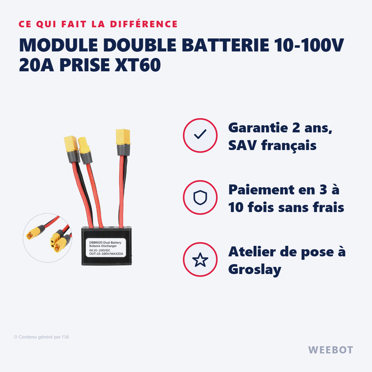 Module Double Batterie 10-100V 20A Prise XT60 : les points forts
