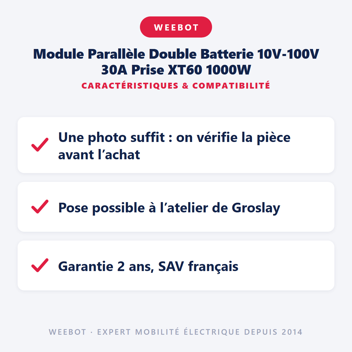 Module Parallèle Double Batterie 10V-100V 30A Prise XT60 1000W : caractéristiques et compatibilité