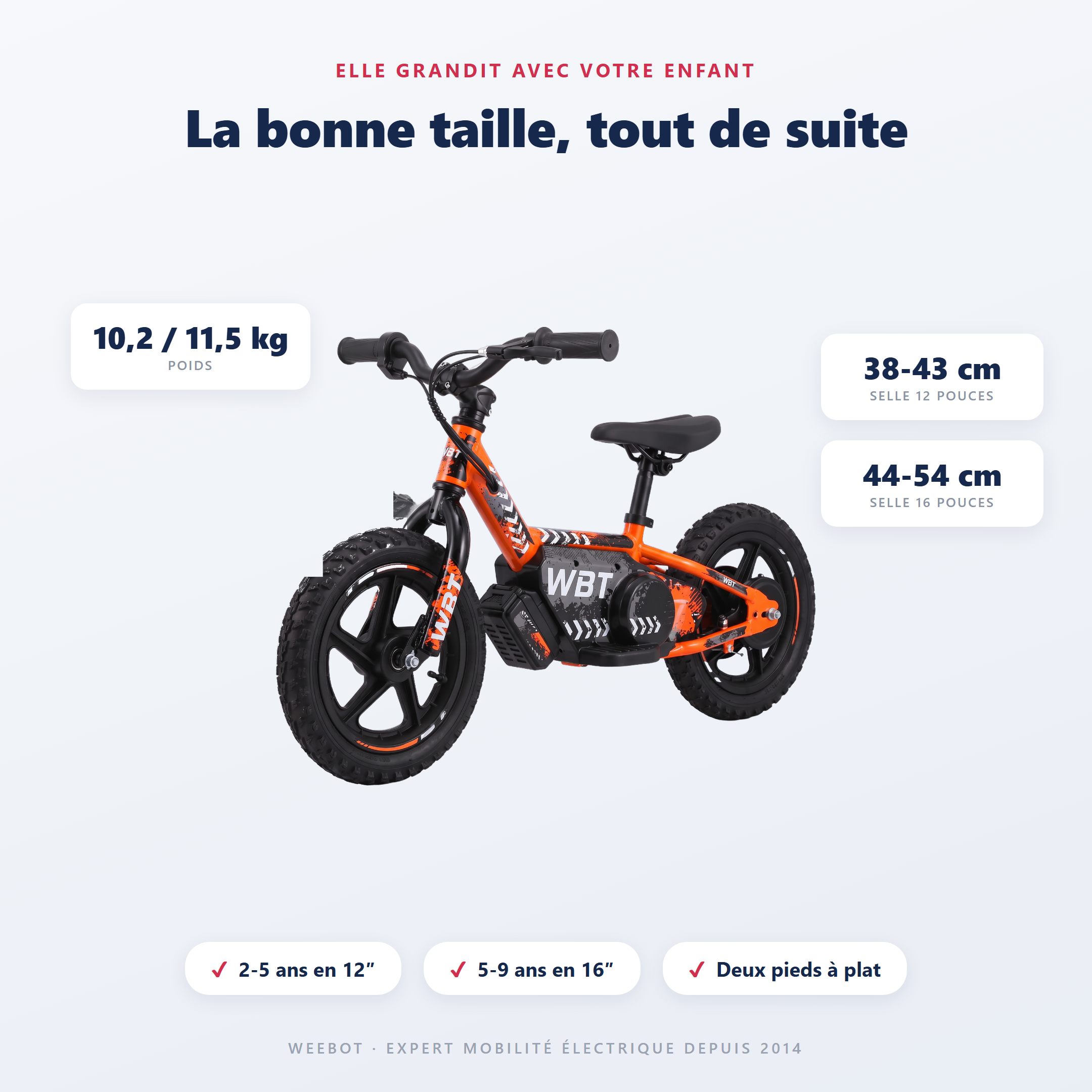 draisienne électrique enfant WBT Kick - guide des tailles