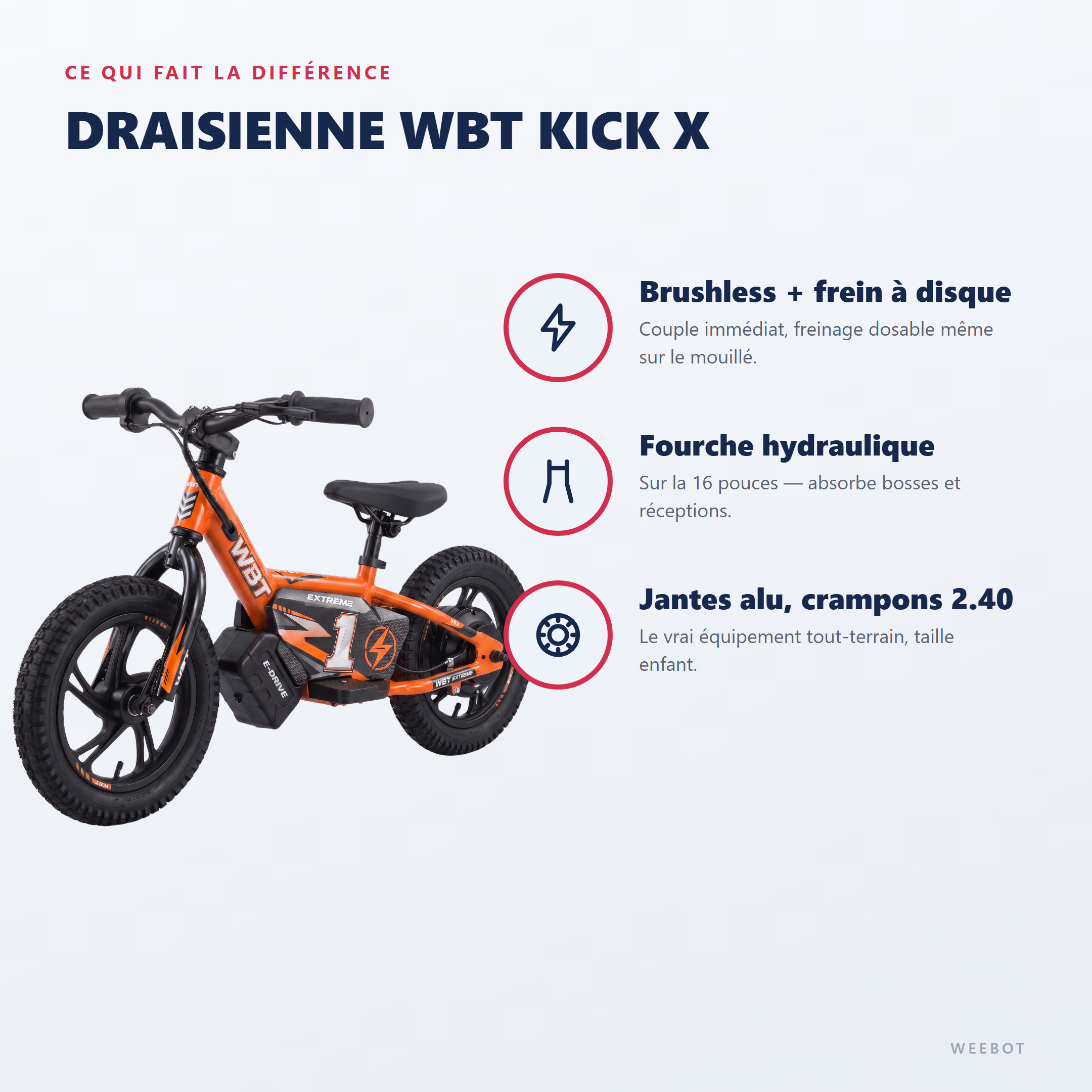 draisienne électrique tout terrain WBT Kick X - points forts