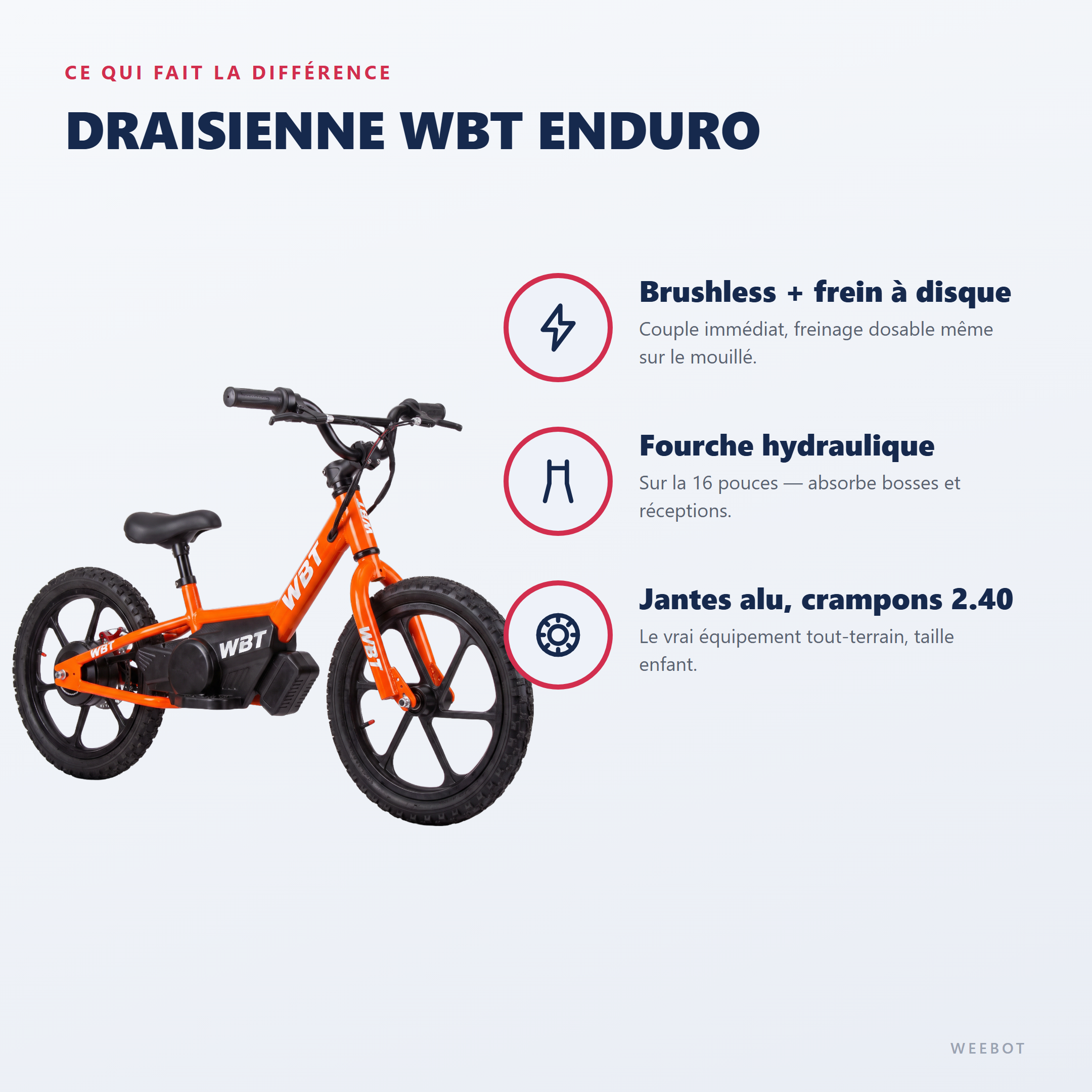 draisienne électrique tout terrain WBT Enduro - points forts